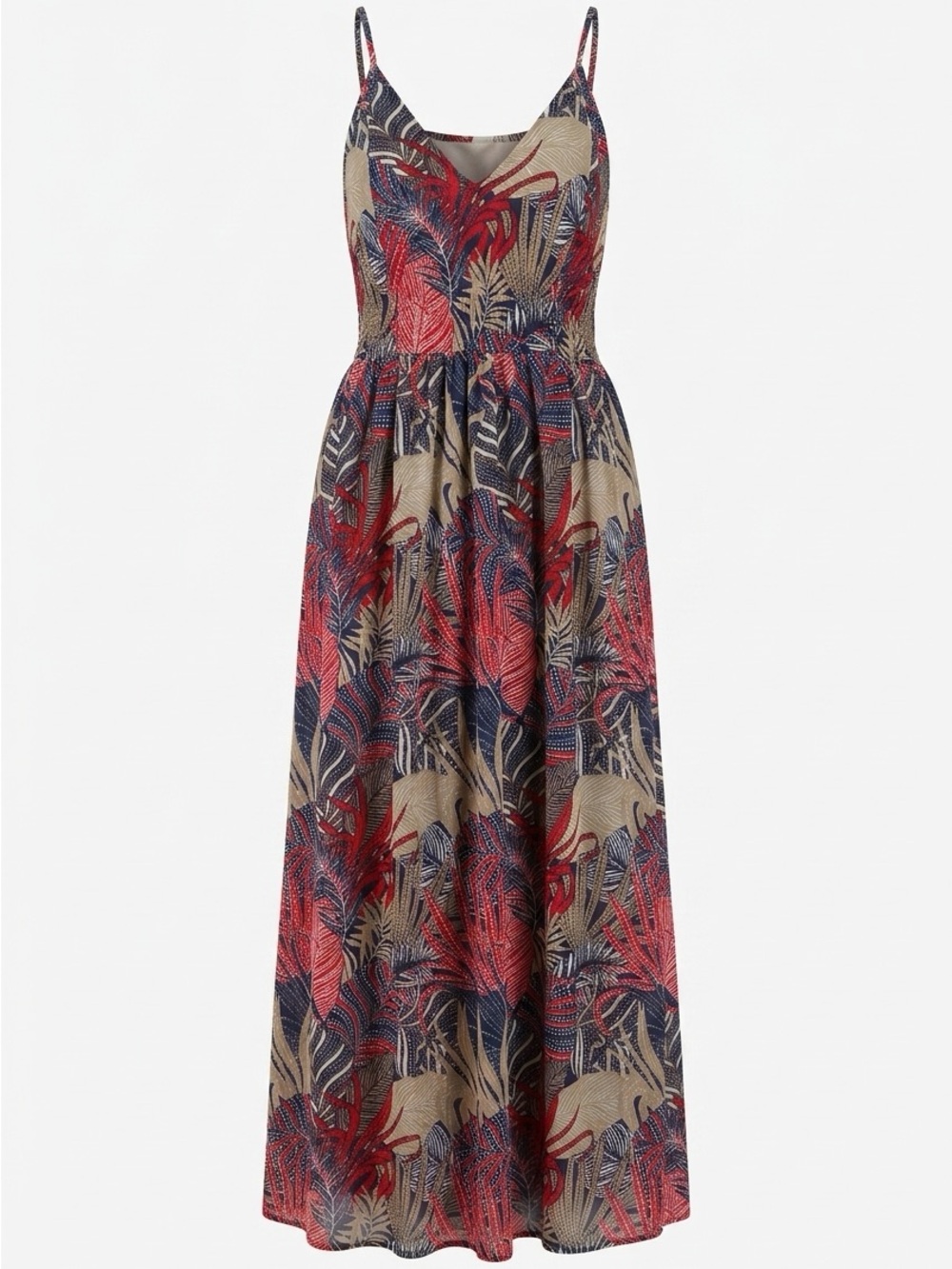 Japna Red Navy Beige Tropical-Print Maxi Dress